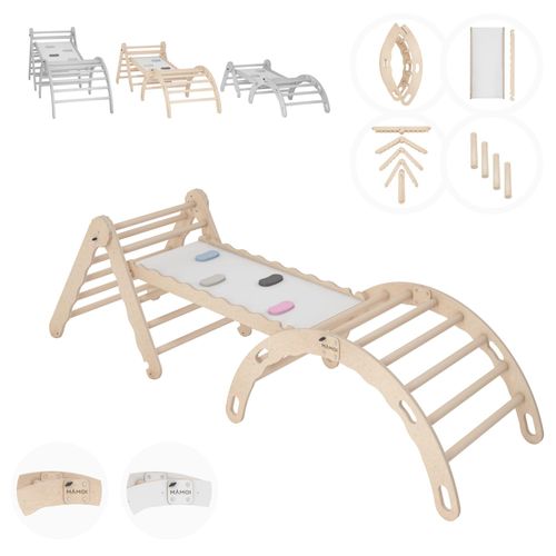 Set Klettergerüst indoor, Kletterdreieck mit rutsche aus holz, Kletterbogen, Baby kinder klettern, Regenbogenwippe mit Rutschbrett, Holzbogen