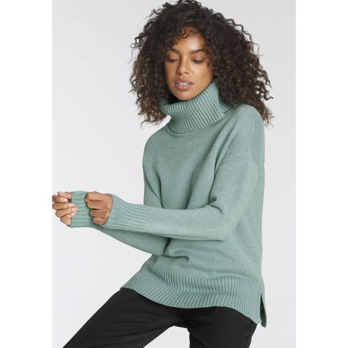 Rollkragenpullover TAMARIS, Damen, Gr. 40/42, grün (mint, melange), Strick, Obermaterial: 50% Viskose, 26% Polyamid, 24% Polyester, casual, lässig geschnitten hüftbedeckend, Langarm Strickbündchen, Pullover, mit Rippdetails