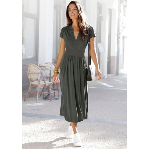 Midikleid LASCANA, Damen, Gr. 40, N-Gr, grün (dunkelgrün), Jersey, Obermaterial: 100% Viskose, unifarben, modisch, figurumspielend ca. Mitte Wade, V-Ausschnitt, Kurzarm, Kleider, mit Reißverschluss am Ausschnitt, figurbetont, sportlich-elegant, Topseller