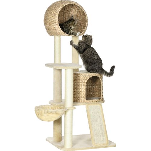 Pawhut Kratzbaum, 150 cm, Katzenbaum mit Katzenhaus, Kletterbaum mit Hängematte, Sisalsäule und Rampe, Katzenkratzbaum, Spielbaum mit Kippschutz, Plüsch, Beige