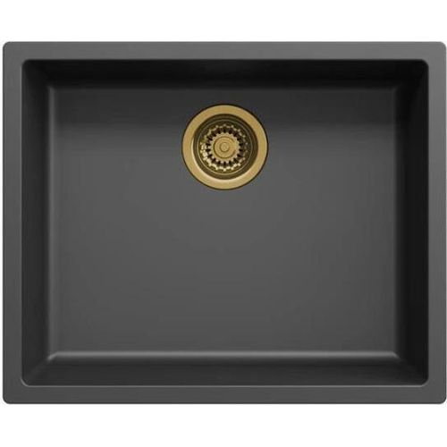 Schwarzes Spülbecken 50x40cm Unterbau, Auflage und flächenbündiger Einbau mit goldenem Stöpsel 1208968037