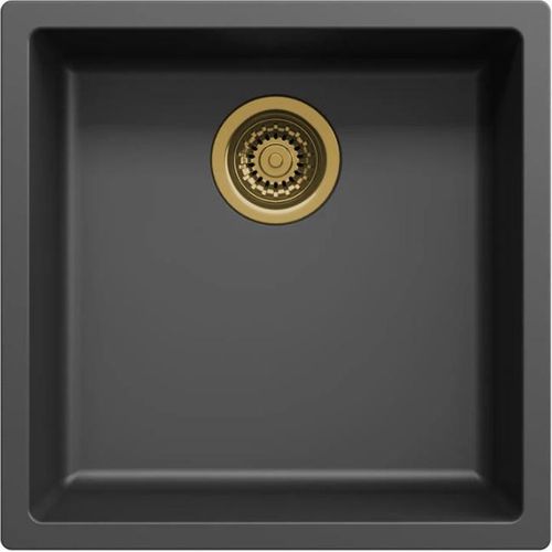 Schwarzes Spülbecken 40x40cm Unterbau, Aufsatz und Flachbau mit goldenem Stöpsel 1208968034