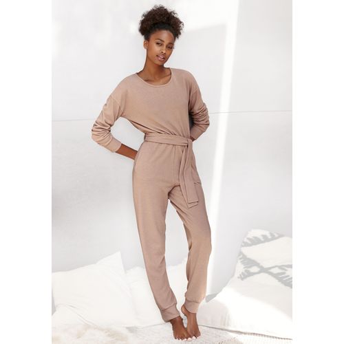Overall LASCANA, Damen, Gr. 44/46, N-Gr, grau (taupe), Strick, Obermaterial: 68% Polyester, 30% Viskose, 2% Elasthan, Basic, bequem lang, Rundhals, Langarm Rippstrickbündchen, Overalls Jumpsuit
