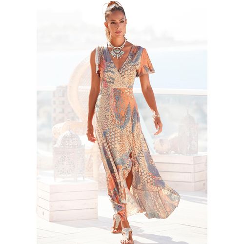 Maxikleid BUFFALO, Damen, Gr. 34, N-Gr, bunt (orange, blau, bedruckt), Jersey, Obermaterial: 100% Viskose, animal-print, modisch, figurbetont knöchellang, V-Ausschnitt, Kurzarm, Kleider, mit Animalprint, Schlitz und Volant, Flügelärmel, Druckkleid, Topseller
