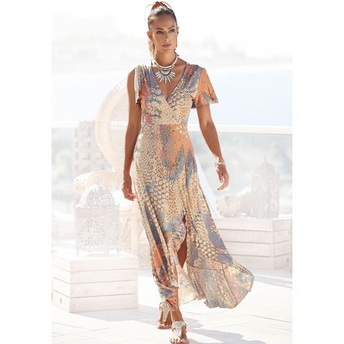 Maxikleid BUFFALO, Damen, Gr. 46, N-Gr, bunt (orange, blau, bedruckt), Jersey, Obermaterial: 100% Viskose, animal-print, modisch, figurbetont knöchellang, V-Ausschnitt, Kurzarm, Kleider, mit Animalprint, Schlitz und Volant, Flügelärmel, Druckkleid, Topseller