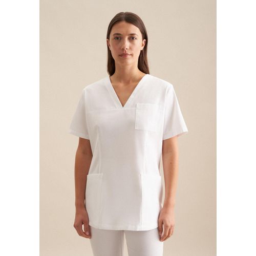 Funktionshemd SEIDENSTICKER, Herren, Gr. M (39-40), normale Ärmellängen, weiß, 60% Baumwolle 40% Polyester, unifarben, regular fit, V-Ausschnitt, Kurzarm gerader Abschluss, Hemden, Kasack Uni
