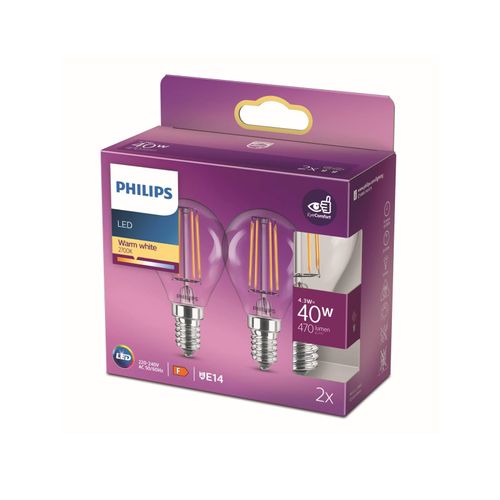 Philips LED-Lampe E14 4,3W P45 Filament 2.700K 2er
