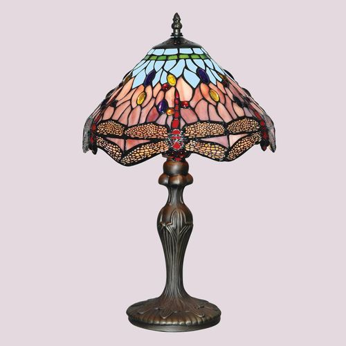 Tischleuchte DRAGONFLY, altmessing/bunt, Höhe 46 cm, Tiffany