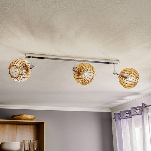 Deckenlampe Paz chrom Holzlamellen-Kugel, 3fl.