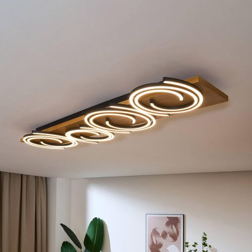 LED-Deckenlampe Rifia, braun, 115 cm, 4-flg., Holz, dimmbar