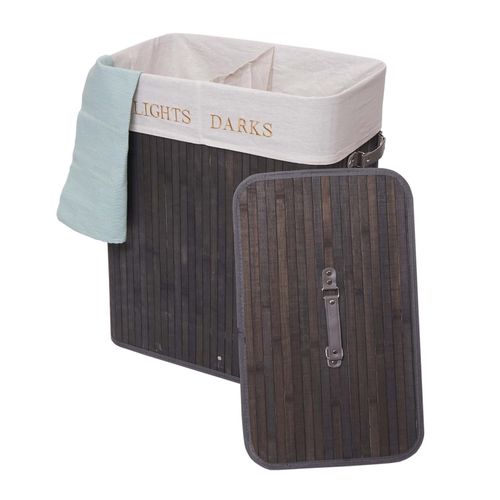 Wäschekorb MCW-C21, Laundry Wäschebox Wäschesammler Wäschebehälter, Bambus 2 Fächer 63x55x34cm 100l ~ dunkelgrau