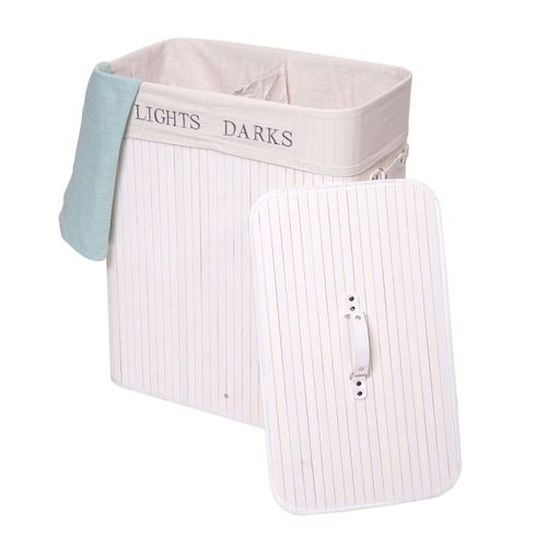 Wäschekorb MCW-C21, Laundry Wäschebox Wäschesammler Wäschebehälter, Bambus 2 Fächer 63x55x34cm 100l ~ weiß