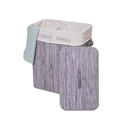 Wäschekorb MCW-C21, Laundry Wäschebox Wäschesammler Wäschebehälter, Bambus 2 Fächer 63x55x34cm 100l ~ grau-blau