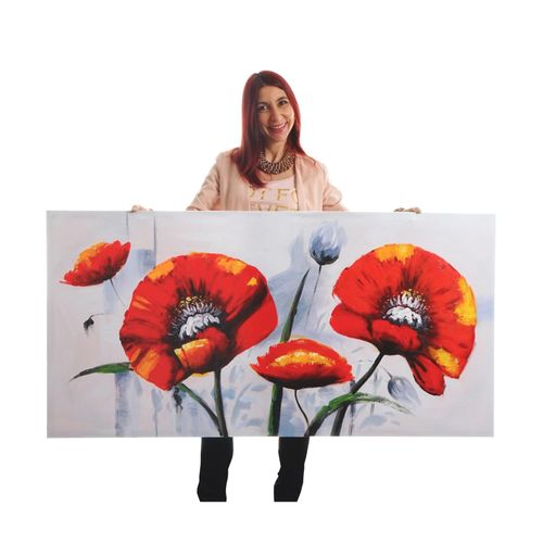 Wandbild Roter Mohn, 100% handgemaltes Ölgemälde Gemälde XL, 140x70cm