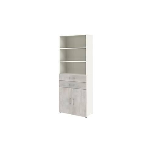 Home Office Kombischrank TEMPIO, aus Holz, 2 Türen, 2 Einschübe, 6 OH, B 800 x T 340 x H 2130 mm, weiß/Beton