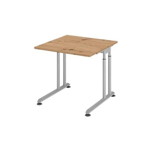 Schreibtisch Breno, manuelle Höheneinstellung, horizontaler Kabelkanal, B 800 x T 800 x H 680-820 mm, Spanplatte & Stahl, Asteiche/Silber