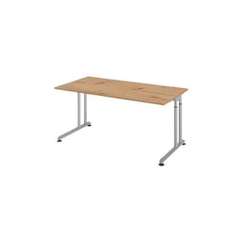 Schreibtisch Breno, manuelle Höheneinstellung, horizontaler Kabelkanal, B 1600 x T 800 x H 680-820 mm, Spanplatte & Stahl, Asteiche/Silber