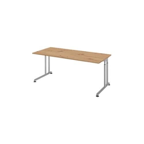 Schreibtisch Breno, manuelle Höheneinstellung, horizontaler Kabelkanal, B 1800 x T 800 x H 680-820 mm, Spanplatte & Stahl, Asteiche/Silber