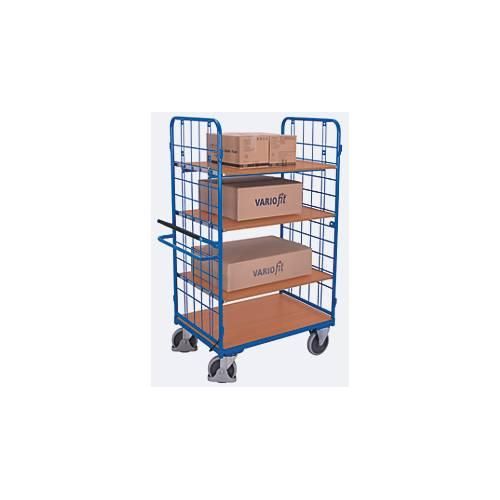 Etagenwagen, Stahl/MDF-Platte, Enzianblau/Buche-Dekor, 1 Etage, 1000 x 700 mm, 2 Stirnwände aus Drahtgitter, mit Totmannbremse, bis 500 kg