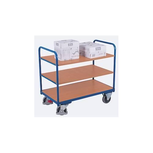 Etagenwagen, Stahl/MDF-Platte, Enzianblau/Buche-Dekor, 3 Etagen, 850 x 500 mm, EasySTOP, bis 250 kg