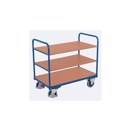 Etagenwagen, Stahl/MDF-Platte, Enzianblau/Buche-Dekor, 3 Etagen, 1000 x 700 mm, EasySTOP, bis 250 kg