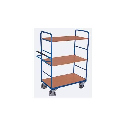 Etagenwagen, Stahl/MDF-Platte, Enzianblau/Buche-Dekor, 3 Etagen, 1000 x 600 mm, mit Totmannbremse, bis 500 kg