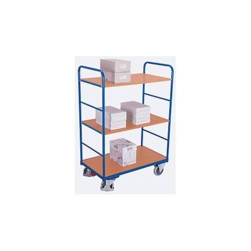 Etagenwagen, Stahl/MDF-Platte, Enzianblau/Buche-Dekor, 3 Etagen, 850 x 500 mm, EasySTOP, bis 250 kg