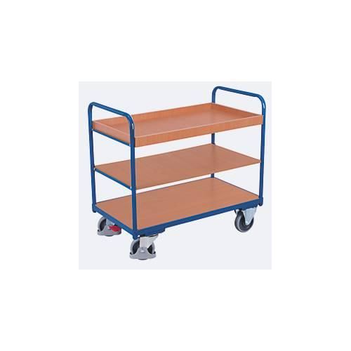 Etagenwagen, Stahl/MDF-Platte, Enzianblau/Buche-Dekor, 3 Etagen, 1200 x 800 mm, EasySTOP, bis 250 kg