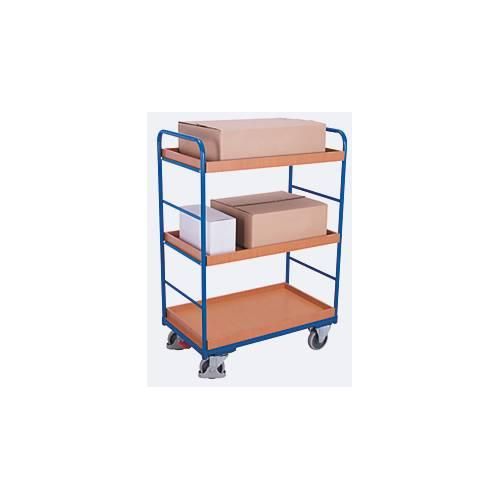 Etagenwagen, Stahl/MDF-Platte, Enzianblau/Buche-Dekor, 3 Etagen, 965 x 655 mm, EasySTOP, bis 250 kg