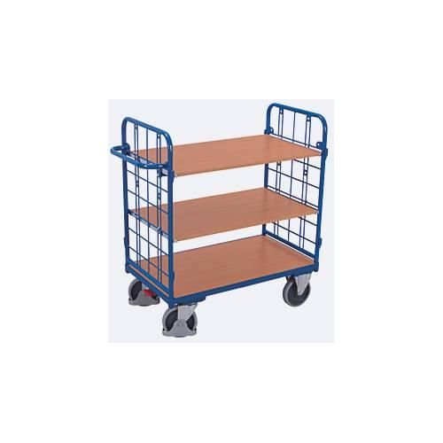 Etagenwagen, Stahl/MDF-Platte, Enzianblau/Buche-Dekor, 3 Etagen, 1000 x 600 mm, Stirnwände aus Drahtgitter, EasySTOP, bis 500 kg