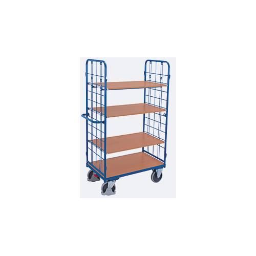 Etagenwagen, Stahl/MDF-Platte, Enzianblau/Buche-Dekor, 1 Etage, 1000 x 600 mm, 2 Stirnwände aus Drahtgitter, EasySTOP, bis 500 kg