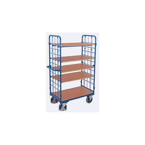 Etagenwagen, Stahl/MDF-Platte, Enzianblau/Buche-Dekor, 1 Etage, 1000 x 700 mm, 2 Stirnwände aus Drahtgitter, EasySTOP, bis 500 kg