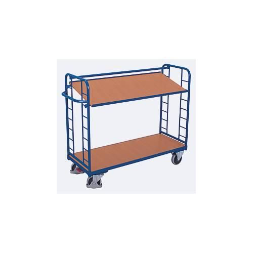 Etagenwagen, Stahl/MDF-Platte, Enzianblau/Buche-Dekor, 2 Etagen, 1650 x 650 mm, Stirnwände mit Rundstahlverstrebung, EasySTOP, bis 400 kg