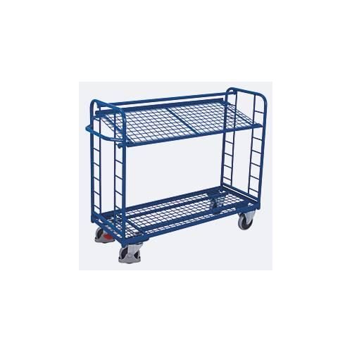 Etagenwagen, Stahl/Drahtgitter, Enzianblau, 2 Etagen, 1650 x 650 mm, Stirnwände mit Rundstahlverstrebung, EasySTOP, bis 400 kg