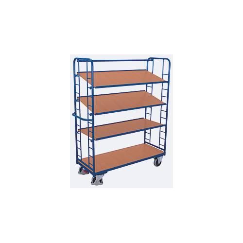 Etagenwagen, Stahl/MDF-Platte, Enzianblau/Buche-Dekor, 4 Etagen, 1650 x 650 mm, Stirnwände mit Rundstahlverstrebung, EasySTOP, bis 400 kg