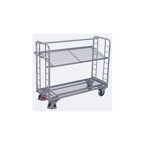 Etagenwagen, Stahl/Drahtgitter, silber, 2 Etagen, 1650 x 650 mm, 2 Stirnwände mit Rundstahlverstrebung, EasySTOP, bis 400 kg
