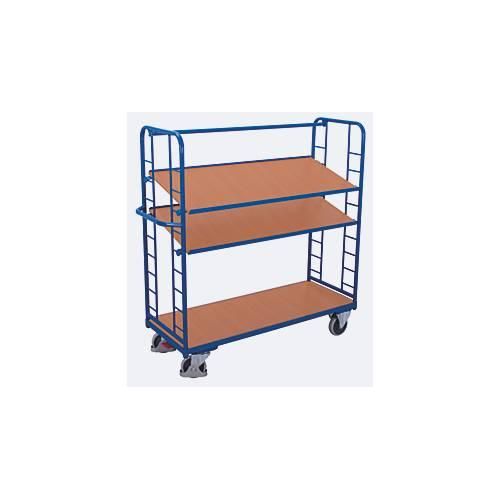 Etagenwagen, Stahl/MDF-Platte, Enzianblau/Buche-Dekor, 3 Etagen, 1650 x 650 mm, Stirnwände mit Rundstahlverstrebung, EasySTOP, bis 400 kg