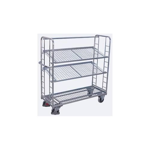 Etagenwagen, Stahl/Drahtgitter, silber, 3 Etagen, 1400 x 550 mm, 2 Stirnwände mit Rundstahlverstrebung, EasySTOP, bis 250 kg