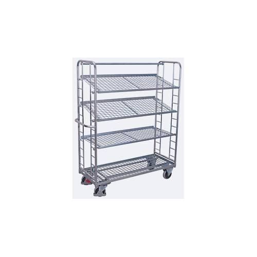 Etagenwagen, Stahl/Drahtgitter, silber, 4 Etagen, 1650 x 650 mm, 2 Stirnwände mit Rundstahlverstrebung, EasySTOP, bis 400 kg