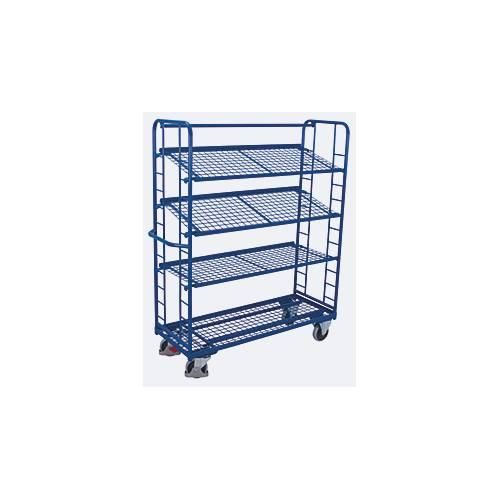 Etagenwagen, Stahl/Drahtgitter, Enzianblau, 4 Etagen, 1650 x 650 mm, Stirnwände mit Rundstahlverstrebung, EasySTOP, bis 400 kg