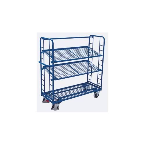 Etagenwagen, Stahl/Drahtgitter, Enzianblau, 3 Etagen, 1355 x 550 mm, Stirnwände mit Rundstahlverstrebung, EasySTOP, bis 250 kg