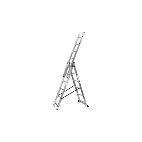 Mehrzweckleiter SZ Metall, 3-teilig, mit 3 x 6 Sprossen, bis 150 kg, EN 131, Quertraverse, Spreizsicherung, Aluminium
