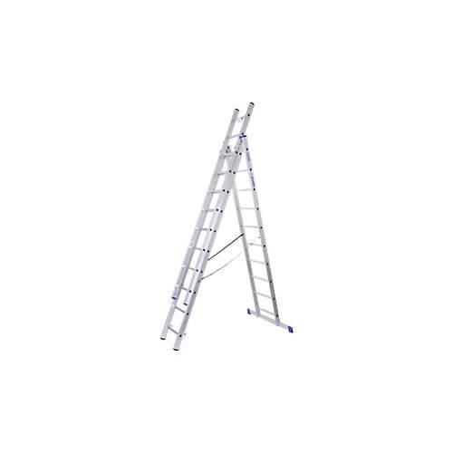 Mehrzweckleiter SZ Metall, 3-teilig, mit 3 x 10 Sprossen, bis 150 kg, EN 131, Quertraverse, Spreizsicherung, Aluminium