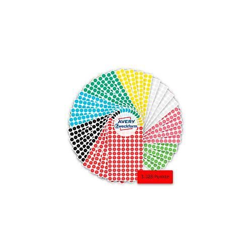 Avery® Zweckform Klebepunkte Set 59994, 3328-teilig, selbstklebend & beschreibbar, 8 Farben, 4 Bögen/Farbe, 416 Punkte/Farbe, Ø 8 mm