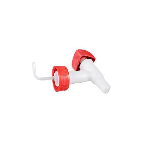 Auslaufhahn für Industriekanister 20 + 30 l, DIN 60/61, f. Chemikalien, Säuren & Laugen, Drehgriff, PE, weiß-rot