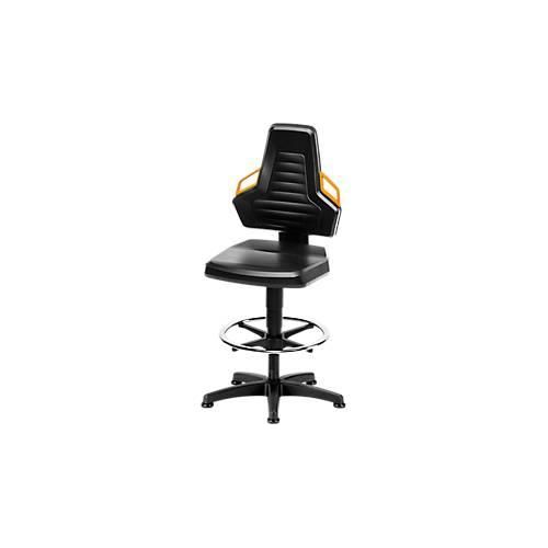 Arbeitsdrehstuhl, Gleiter + Fußring, PU-Schaum schwarz, Griffe orange