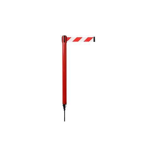 Absperrpfosten GLA 24, L 350 x B 350 x H 1250 mm, mit Erdspieß, Gurtauszug 4 m, rot