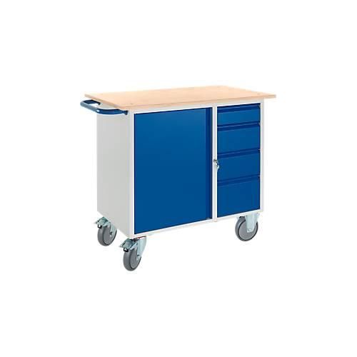 Werkbank mit Schrank, 4 Schubladen und 2 Lenkrollen/2 Bockrollen