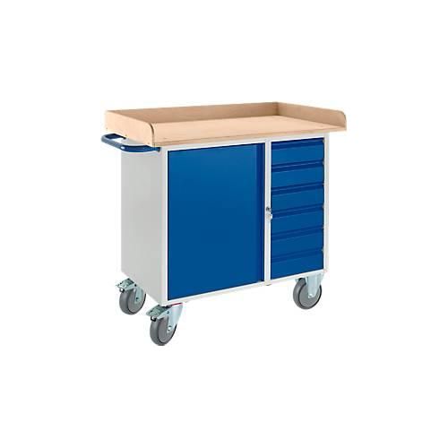 Werkbank mit Schrank, 6 Schubaden, 3-seitiger Holzumrand, 2 Lenkrollen/2 Bockrollen