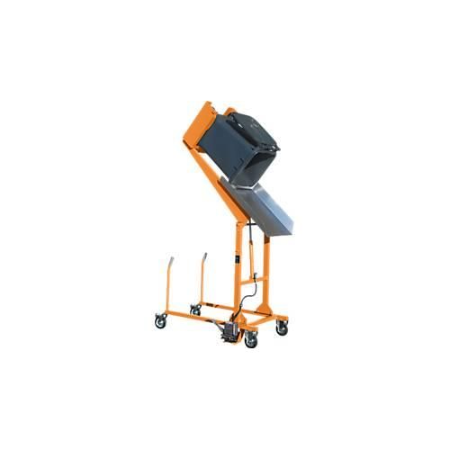 Mülltonnen-Kippstation MKS, für 120 & 240 l Tonnen, Ausschütthöhe 1480 mm, Kippw. 135°, bis 110 kg, Rollen, Fußpumpe, RAL 2000